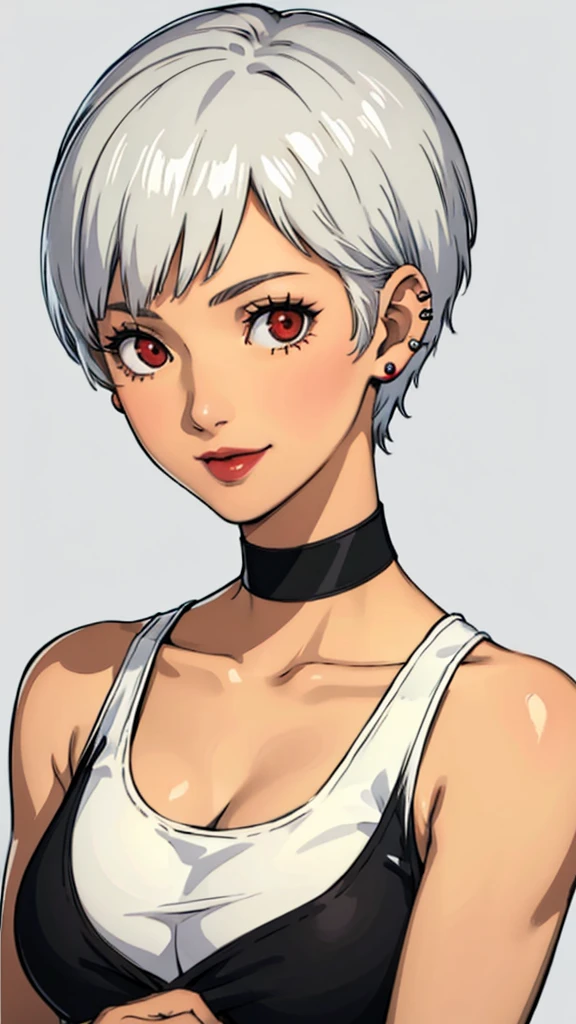 1 girl, milf, Red eyes, very short hair, black choker, lipstick, smile, white hair, tank top, medium breast, portrait, face portrait, wheatskin, tank top, tomboy Pixie cut hairstyle, ear piercings 