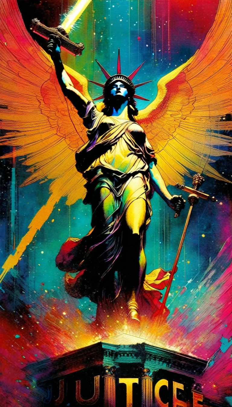 justice, artwork inspired by Bill Sienkiewicz, vivid colors, intricate details, oil.
