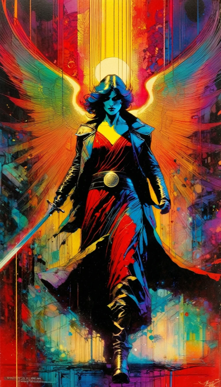 justice, artwork inspired by Bill Sienkiewicz, vivid colors, intricate details, oil.