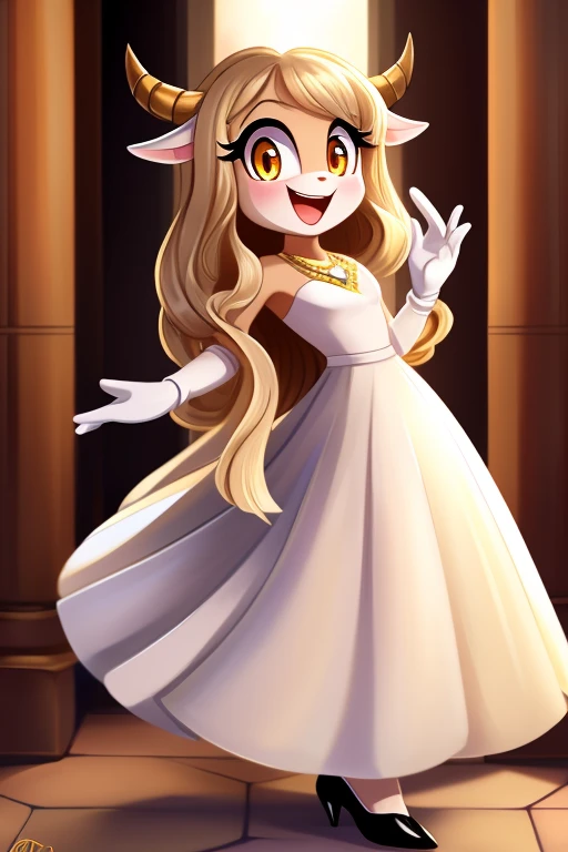 Lamb girl of great beauty, long beige hair curled at the ends, Free hair, laughing fringe, golden eyes or long tines, White dress, elegant black heels and gloves, White skin