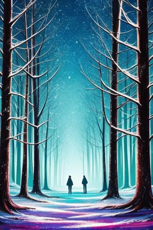 image rich in cold colors, inside a dark and gloomy forest, in side scroller