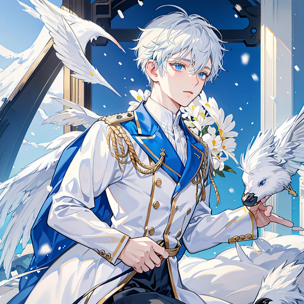 Snow,Sunlight,alone,boy with short white hair,The clothes are mainly light blue with a little goose yellow,uniform,red badge,jewel-like blue eyes,White eyelashes,Thinking expression,Standing at attention and thinking