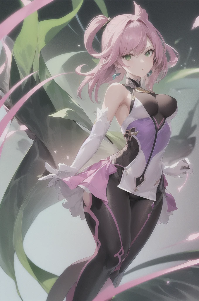 create a full-body female Genshin Impact character, with medium hair down to the waist in pink, skin fair, green eyes mixed with purple, her clothes at the top are a dark green bodysuit along with a semi-decorated dress in green and white., part of the dress covers the shoulders but half leaves the front uncovered, showing the dark green bodysuit, she is from the dendro element, she's flying with a little smile