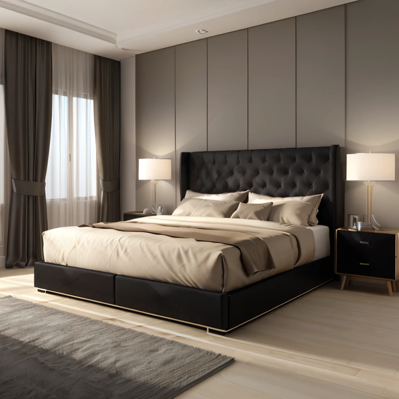 arafed bedroom with a bed, nightstands, and a window, luxury hd render, dark bedroom, bed room, dark and beige atmosphere, high quality rendering, beige and dark atmosphere, bed is not made, quality rendering, high quality 3d render, high quality 3 d render, luxury furniture, high-quality render, un made bed, elegant render