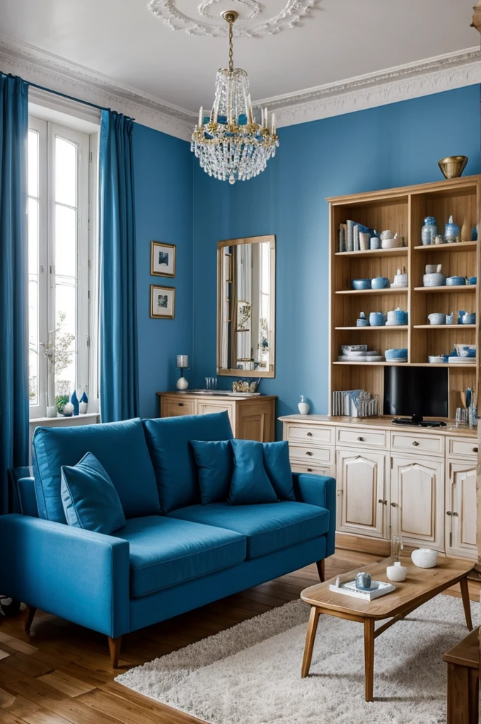 Salon avec décoration éclectique et un canapé d'angle bleu canard