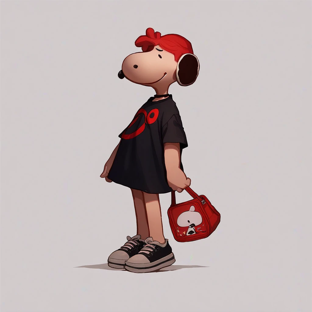 Snoopy in a red wig and black dress 