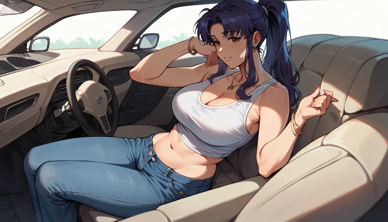  mature woman,misato katsuragi, blue cropped, jeans, sit in a blue square car