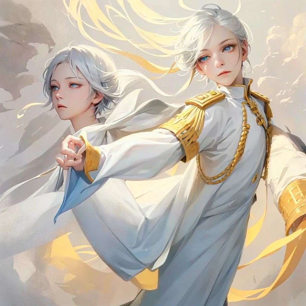 Snow，Sunlight，alone，boy with short white hair，The clothes are mainly light blue with a little goose yellow，uniform，red badge，jewel-like blue eyes，White eyelashes，Thinking expression，Standing at attention and thinking