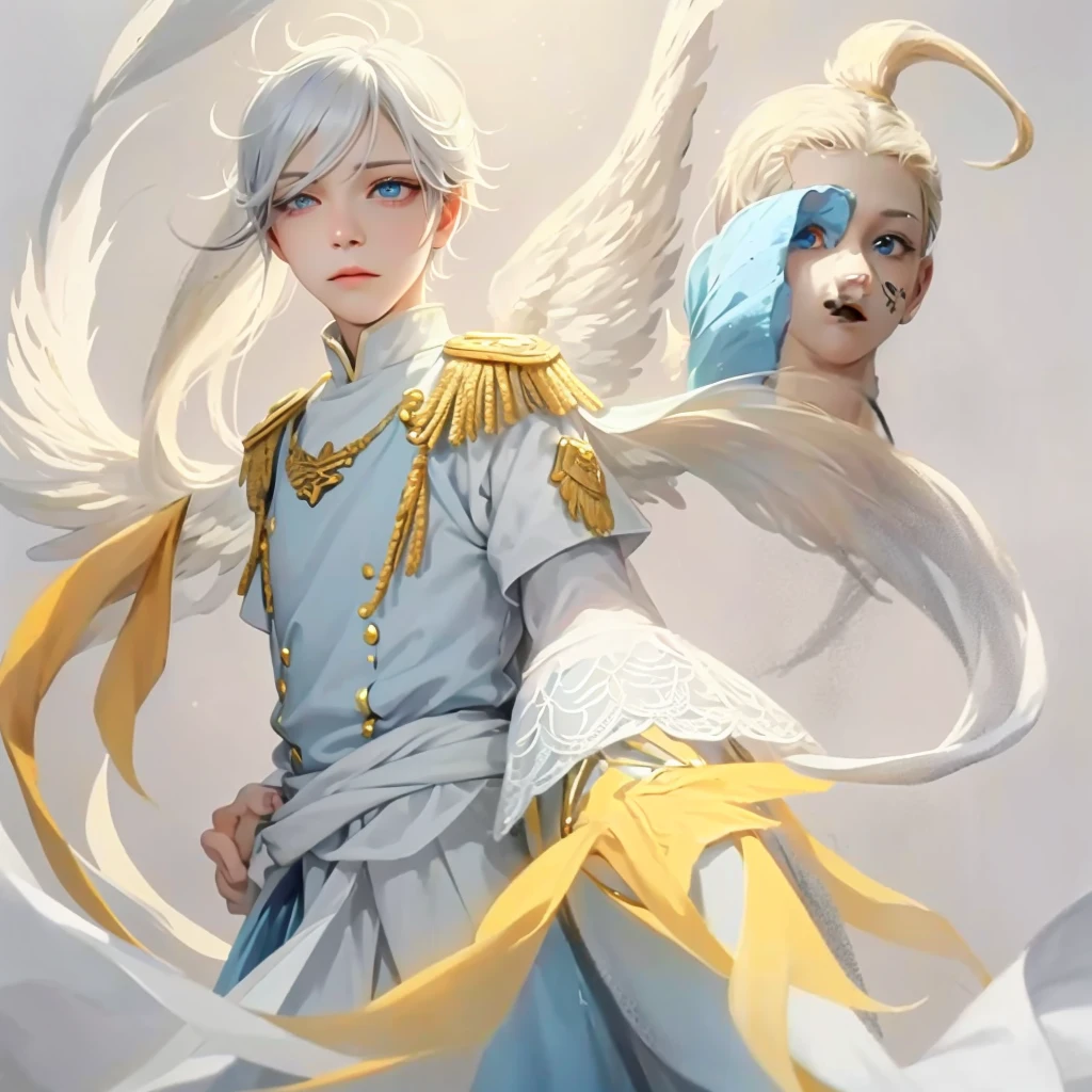 Snow，Sunlight，alone，boy with short white hair，The clothes are mainly light blue with a little goose yellow，uniform，red badge，jewel-like blue eyes，White eyelashes，Thinking expression，Standing at attention and thinking