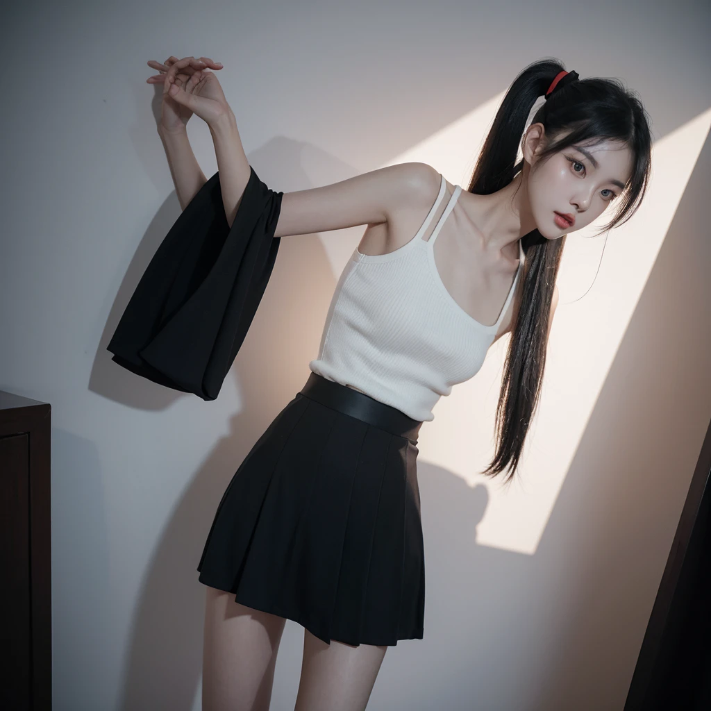 korean model , slim body , 167cm ,Movie Angle,long black ponytails hairstyle, (Cute girls,anatomy correct,loose skirt,( art,geomerty),(plethora of colorest quality,high detal,tmasterpiece,Cinematic lighting effects,4K,Chiaroscuro)