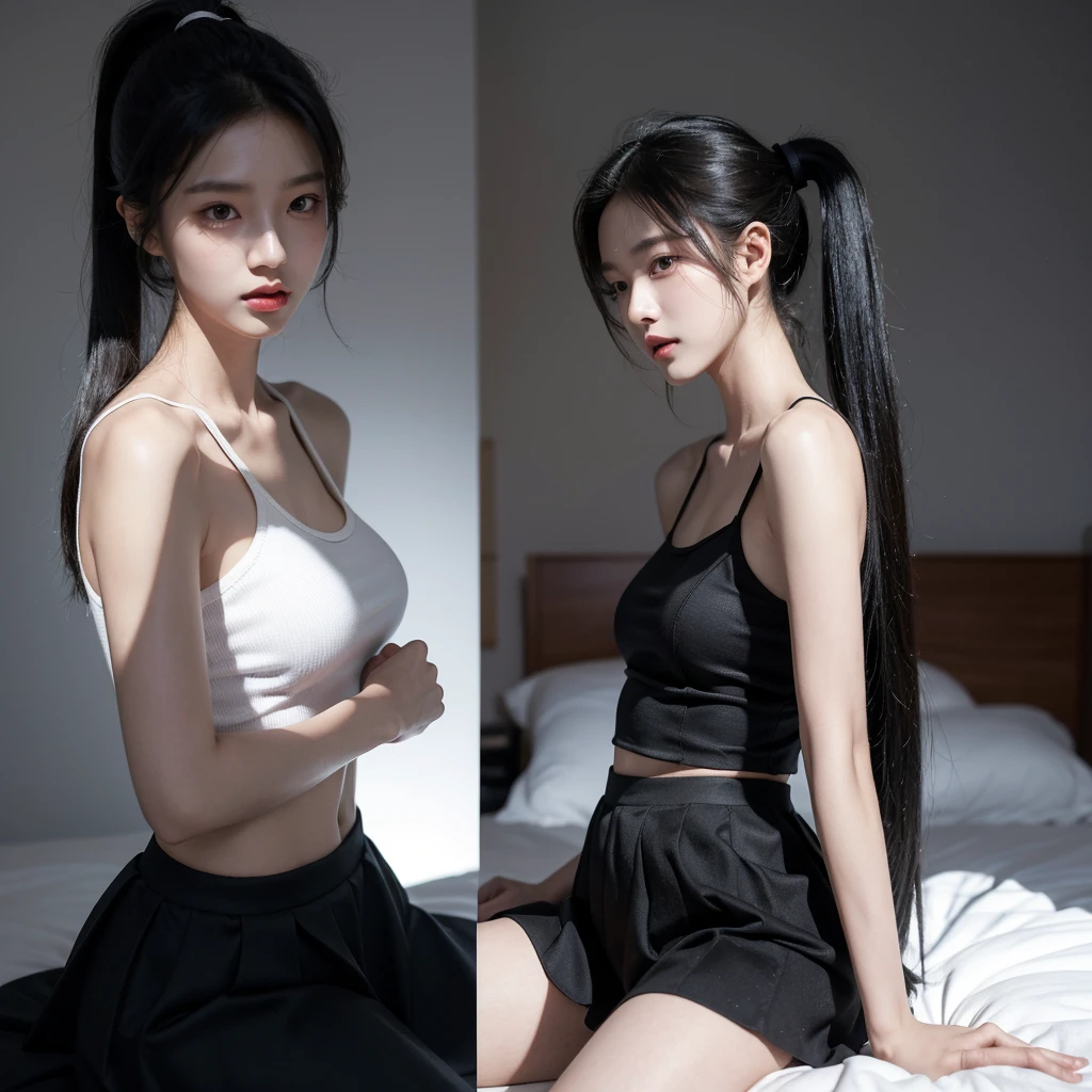 korean model , slim body , 167cm ,Movie Angle,long black ponytails hairstyle, (Cute girls,anatomy correct,loose skirt,( art,geomerty),(plethora of colorest quality,high detal,tmasterpiece,Cinematic lighting effects,4K,Chiaroscuro)