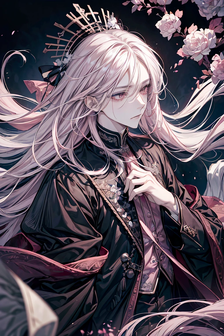 (best quality) (1 male), adult 25 years, ((long dim pink hair)), long disheveled pearl hair, (eyes is completely black, the white of the eye is black), pale skin, thorny vines crown entwine the hair, gentle delicate facial features, aristocrat's clothes, black cloak covers his head, half-body