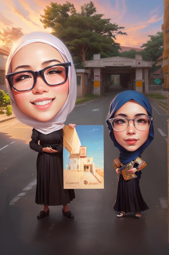 cartoon of a woman and a girl holding a big card, Wearing hijab,A school gate building with a tree in front of it, Beautiful sky, full protrait, potrait, caricature illustration, inspired by JoWOnder, wide portrait, protrait, digital art cartoon, realism artstyle, caricature, caricature style, caricature!!!, cartoon artstyle, by Abidin Dino, chibi, realism art, scandy and arender