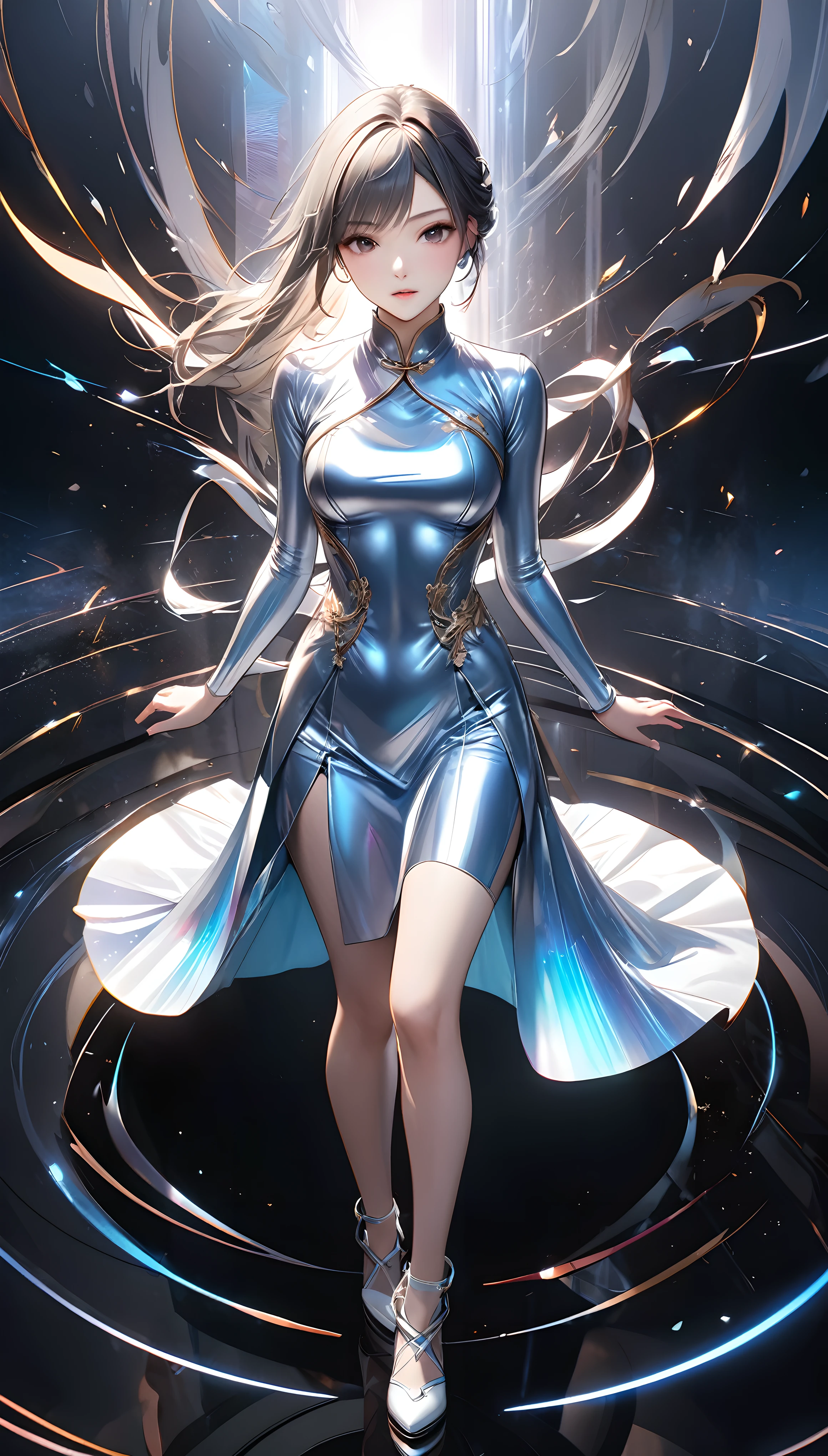 ((Super Retina XDR display)), liquid metal, Super realistic metal texture, 
BREAK ((Woman in a metallic Chinese dress, Long ankle length:1.9)), BREAK Pure metal texture, Formed from molten metal, mirror reflection, Very smooth, Fits perfectly against the skin, Flexible and pliable material, metallic Silver, Holographic, Transparent full color, Anatomically correct, 
BREAK Decoration of the same material, luxury, upscale, Three-dimensional, Fascinating chiaroscuro, mirror reflection, 
BREAK: Aesthetic Appreciation of the Female Body, A seductive body line that stands out, Three-dimensional facial expression, Realistic gradient, 
BREAK (Dynamic full body shot, ankle in of frame, shot from above:1.3), Surprise and impress all your viewers, 
BREAK Aesthetic adult sexiness, Enchanting bust shape, Enchanting, Absurd aesthetics, 
BREAK A dark background that makes the subject stand out, Emphasize, A transparent and fantastic space, vapour, Heat,Captivate your audience, 
BREAK Dramatic Cinematic Lighting, A bold and powerful composition, 
BREAK Detailed and realistic metal texture, Gloss, reflection, 
BREAK Metallic, majora, Holographic, Techniques to captivate your audience, Exquisite and delicate brushwork, Best upscale photo printing, 
BREAK Seamless, three-dimensional depiction technique, 
BREAK Highest Quality, Highest quality, Highest Resolution, 