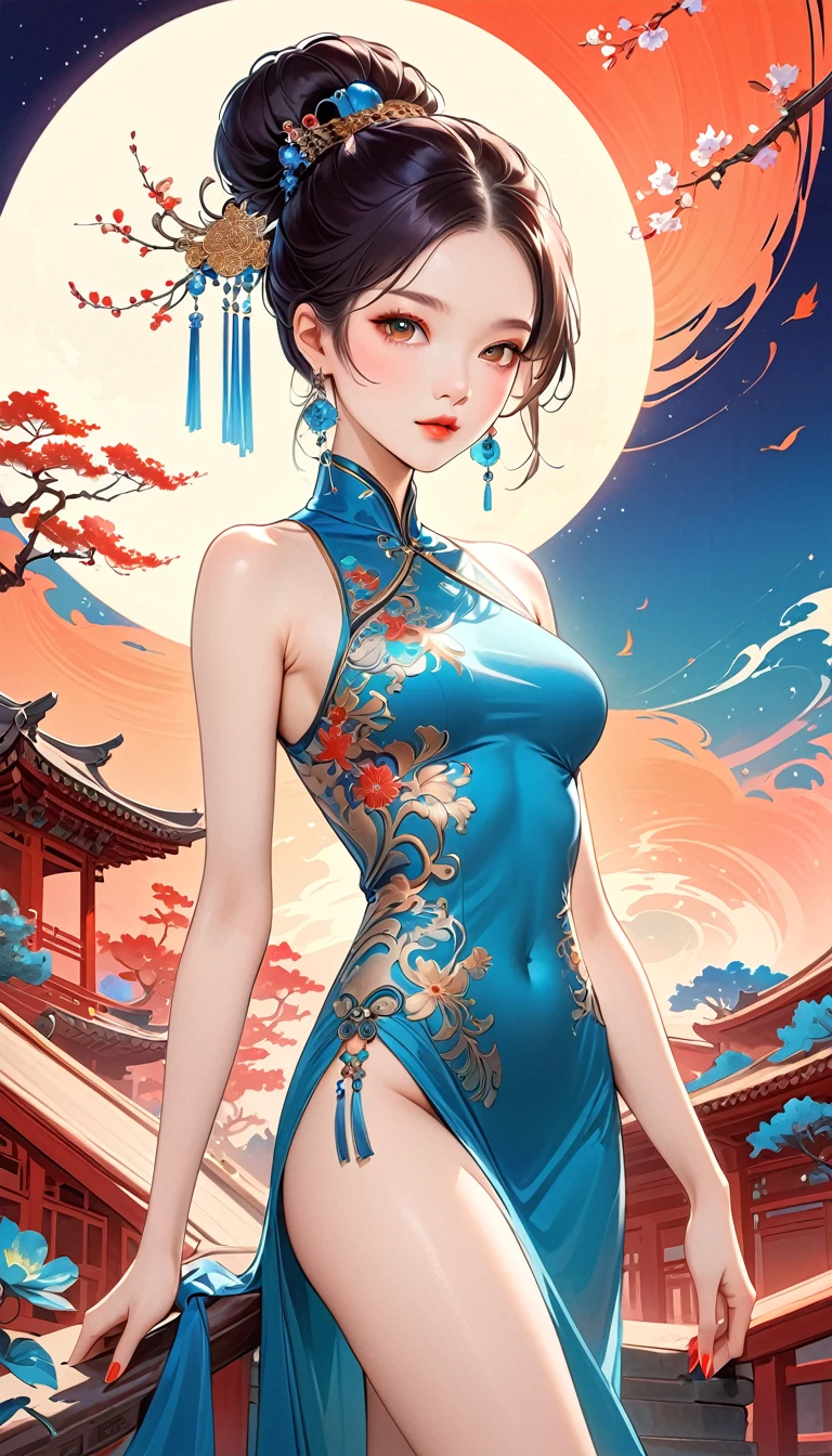 Chinese cheongsam sexy,illustration,High-end fashion,Beautiful and delicate eyes,Beautiful and delicate lips,Long eyelashes,Exquisite makeup,Vibrant colors,posture,Attractive background,Stylized Lighting,editing style,Chinese cultural elements,Exquisite embroidery,Detailed pattern,Modern transformation,Feminine charm,complicated,Futuristic,Chic hairstyle,Beautiful accessories,Tempting,Wearing stylish high heels,Luxurious fabrics,Beautiful movements,Confident expression,Ethereal atmosphere,Colorful composition,Impeccable attention to detail,Modern elegance,Expressive eyes,Dramatic Lighting,Seamless Integration,Artistic talent,Rich texture,Perfect fashion sense,Colored lights,A romantic atmosphere,A bold fashion statement,Stylish composition