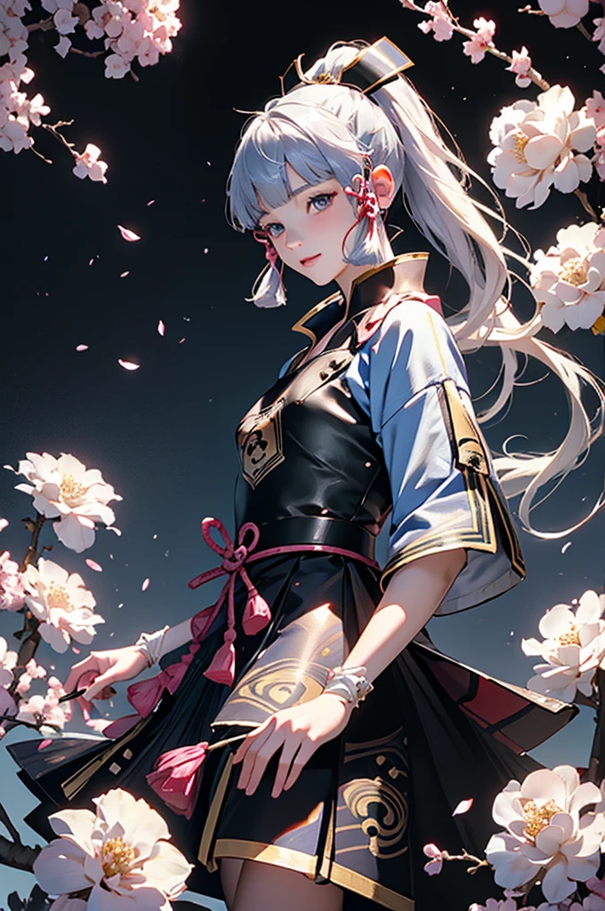 ((kamisatoayakadef)),1 Anime Girl, Warrior, Realistic people,Realistic, beautiful, smile, elegant, Majestic, Splash Art, Particles of light, Diamond Blade, Dynamic pose, ((fan、fanを持っている))((fanを広げる)),milky way, (Fractal Art:1.1),(Ice Flower:1.4), Most detailed,(抽象的なbackground:1.1), (Shiny skin), (Many colors:1.4), Ultra-high resolution,, masterpiece, Accurate, Anatomically correct, texture.(background:Cherry tree、Cherry Blossom、petal、Wind、旋Wind)

