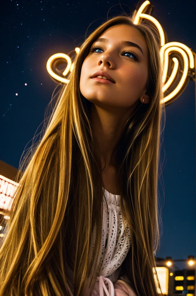 Girl 19 long brown blonde hair under a neon starry sky looking up