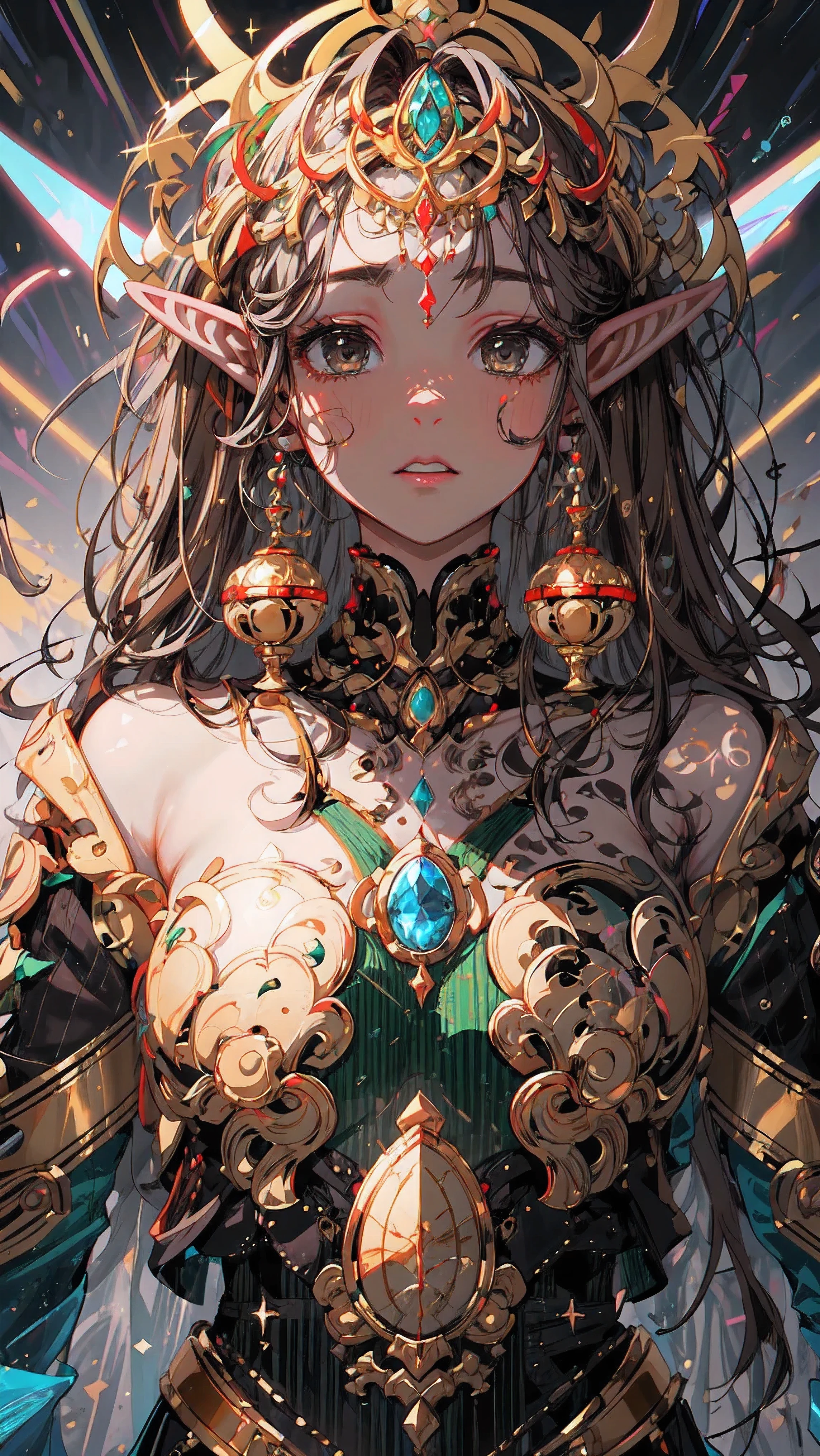 Close shot potrait,(((Half body Potrait of an earth elf))), (dark brown hair1.2), (brown color skin1.3), a bit muscular, a crystal at the middle of the forehead, sexy indian style costume, brown and earthy theme, (shiny gray eyes:1.2), earth block floating around, glowing golden tattoos, golden jewelry,by Mappa studios,masterpiece,best quality,official art,illustration,ligne claire,(cool_color),perfect composition,absurdres, fantasy,focused,rule of third