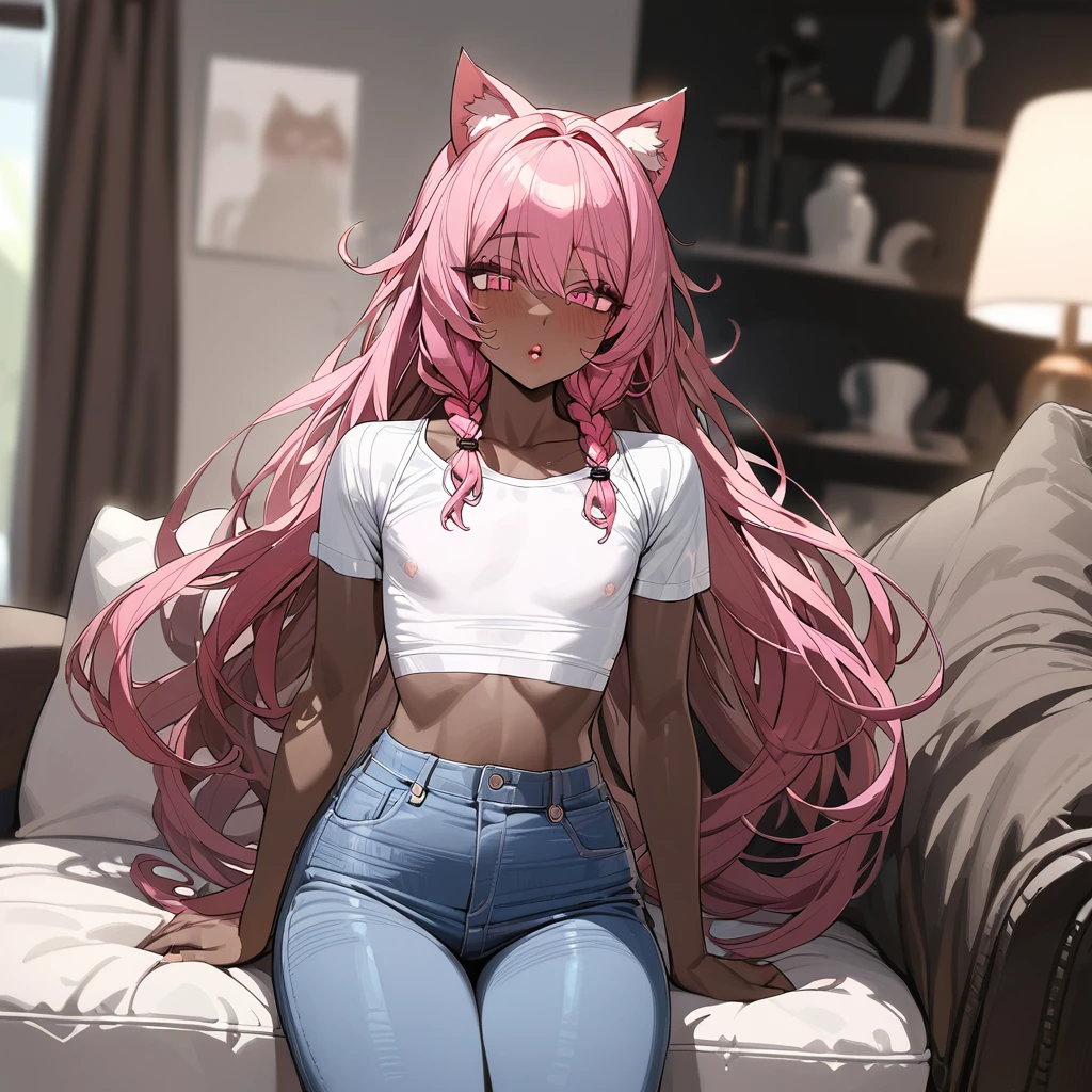 Best quality, highly detailed, ultra detailed, 1 very Dark brown skin boy, chocolate skin, flat chest, male chest, curvy body, long dreadlocks, pink dreadlocks, pink eyes, cat ears, lipgloss, wearing white croptop, denim mom jeans, booty, living room background 