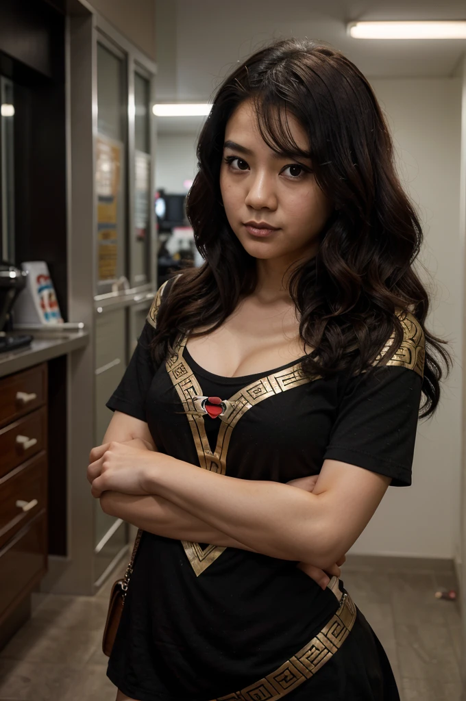 Make a DC Comics styled image of a girl who's in her early 20s, Chinese with Indonesian descent, make her look like a serious, sarcastic, and humorous person, she bas black and brown, slightly curly hair. 