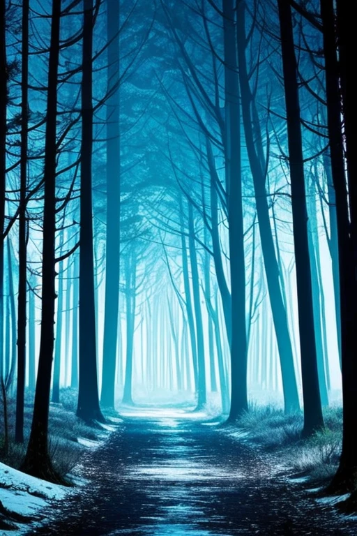 image rich in cold colors, inside a dark and gloomy forest, in side scroller