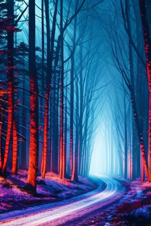 image rich in cold colors, inside a dark and gloomy forest, in side scroller