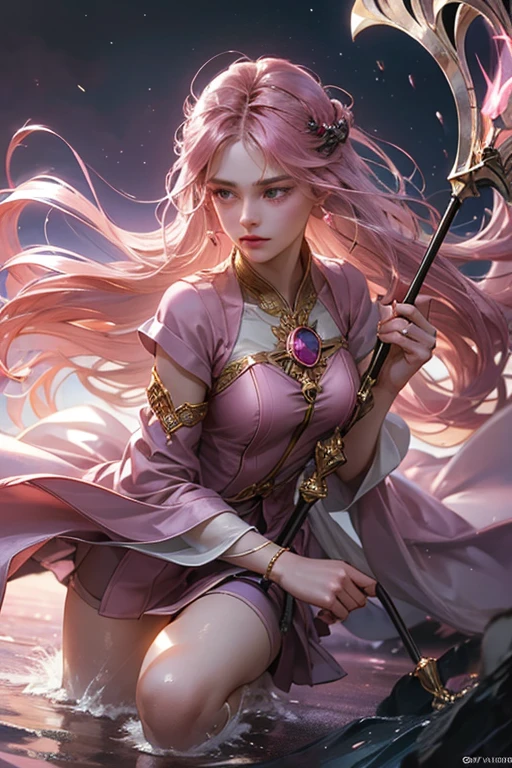 "Create an ultra-realistic image of a stunning 18-year-old girl holding an air magical staff that exudes the energy of the wind and sky. She should be dressed in a sophisticated, ((((((dark pink)))))) shaded outfit that contrasts beautifully with her airy element. Depict her surrounded by elements of air, such as swirling breezes, floating feathers, and gentle currents, to highlight her command over this element. Include a distinct air symbol on her body, signifying her role as the keeper of air and illustrating the powerful, ethereal energy of air she holds within her."