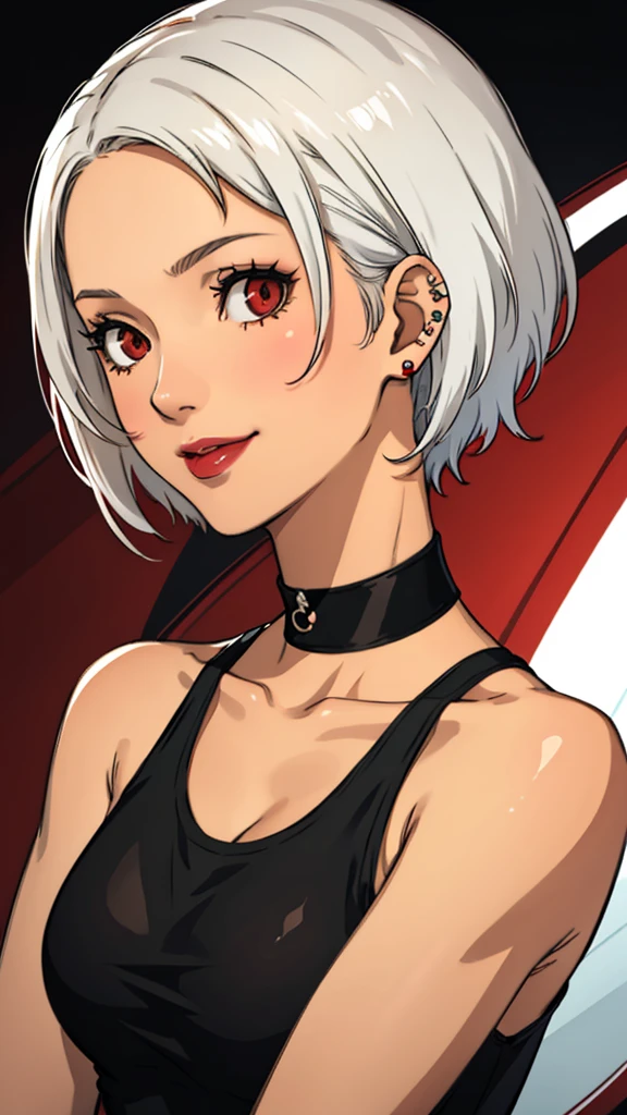 1 girl, milf, Red eyes, very short hair, black choker, lipstick, smile, white hair, tank top, medium breast, portrait, face portrait, wheatskin, tank top, shaved hair, ear piercings 