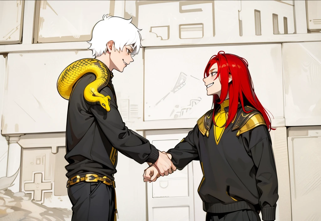 the young man has white hair ,He has a yellow snake on his shoulder, he has a pretty girl, he has a mischievous look, he smiles evilly with malice, he smiles with malice and evil, he plans something bad, the boy also smiles, he wears Egyptian clothing, black with yellow and gold jewelry, the girl has red hair, they smile with malice.