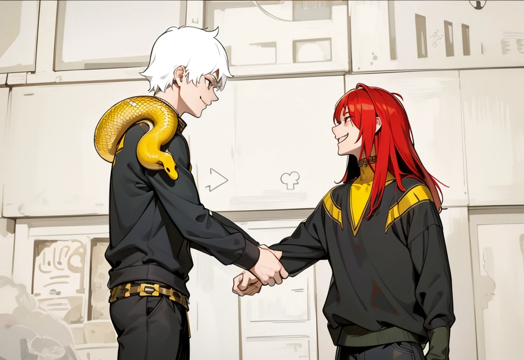 the young man has white hair ,He has a yellow snake on his shoulder, he has a pretty girl, he has a mischievous look, he smiles evilly with malice, he smiles with malice and evil, he plans something bad, the boy also smiles, he wears Egyptian clothing, black with yellow and gold jewelry, the girl has red hair, they smile with malice.