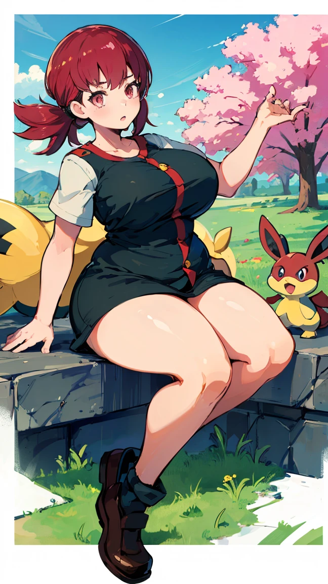 (Highest quality, 8K, masterpiece :1.3),Akane(Pokémon),Pokémon,Voluptuous body,Red hair,,, One woman,,Leg spread,Plump,Take off your clothes