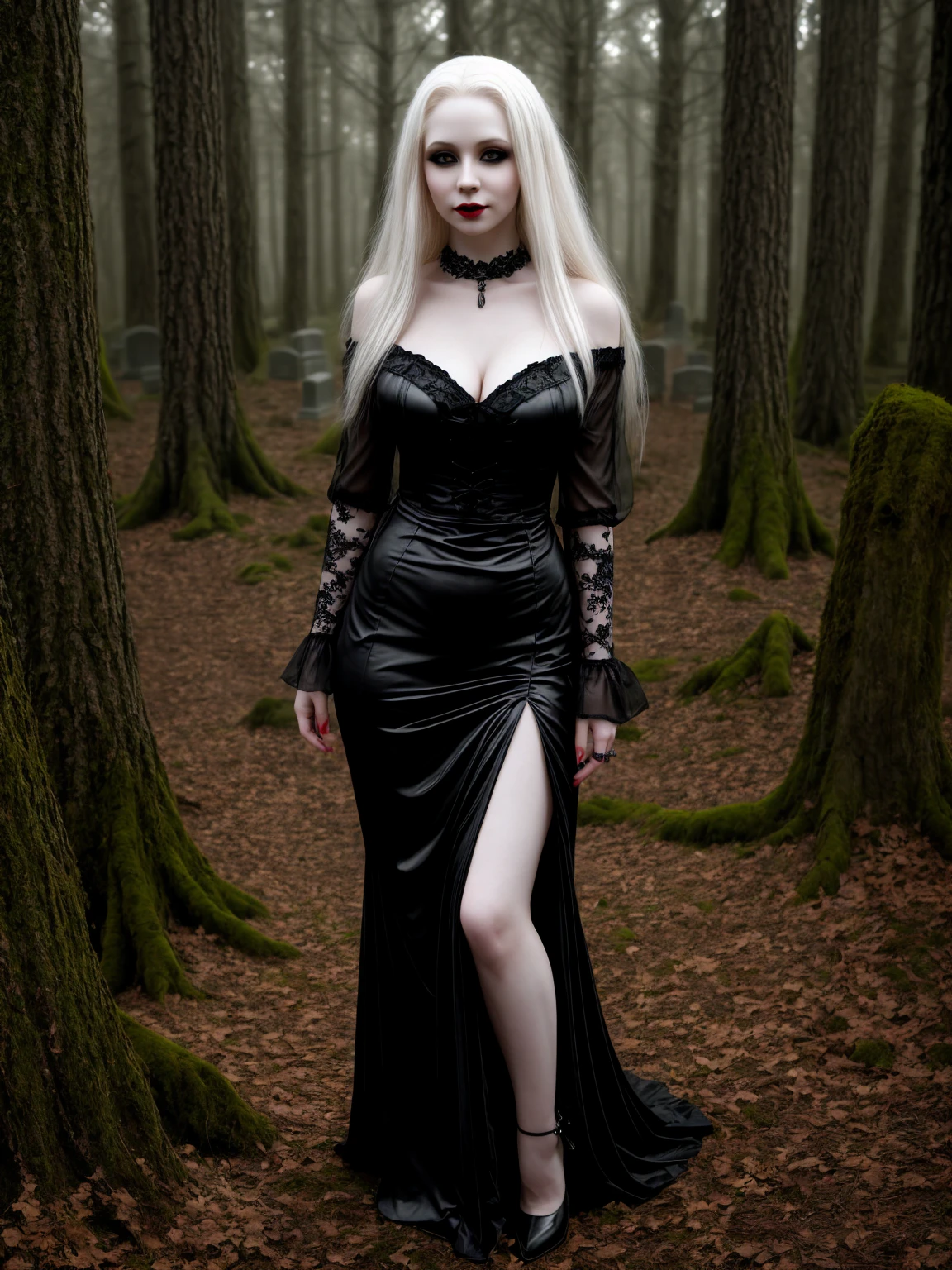female sexy vampire|albino, pale porcelain skin, sexy vintage black dress, smile, shallow depth of field, grin|creepy, nightfall, detailed face, night, wide hips, narrow waist, portrait of woman standing, detailed eyes, portrait of woman standing, 8k RAW photo, highest quality, looking at the viewer, best shadow, intricate details, long hair, bright eyes, forest, grave, gothic, goth detailed, highres, high qualilty, high saturation, NSFW