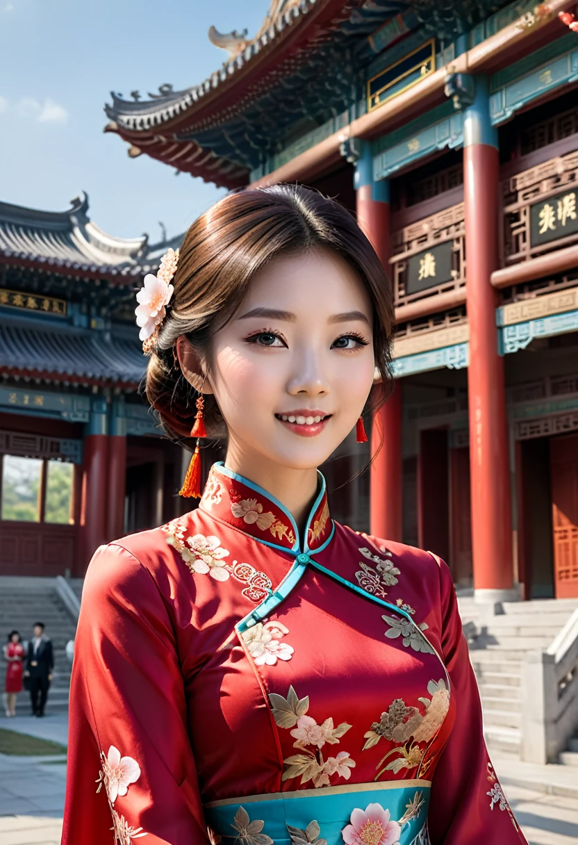 photography, with a woman wearing a qipao at a university graduation ceremony to commemorate her learning experience and recognition of Chinese culture. The background is a cheerful graduation atmosphere and school architecture, and close-up shots showcase her satisfaction and satisfaction. The qipao is a symbol of Chinese culture and becomes the main subject of the picture, (masterpiece, best quality, Professional, perfect composition, very aesthetic, absurdres, ultra-detailed, intricate details:1.3)