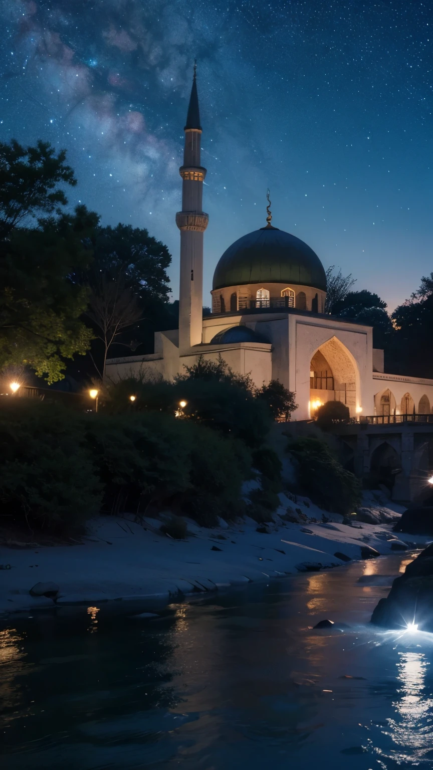 mosque, beautiful, exterior, trees, sexy girl, river, night, (((stars in sky)))