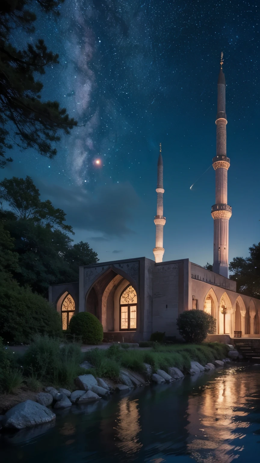 mosque, beautiful, exterior, trees, sexy girl, river, night, (((stars in sky)))