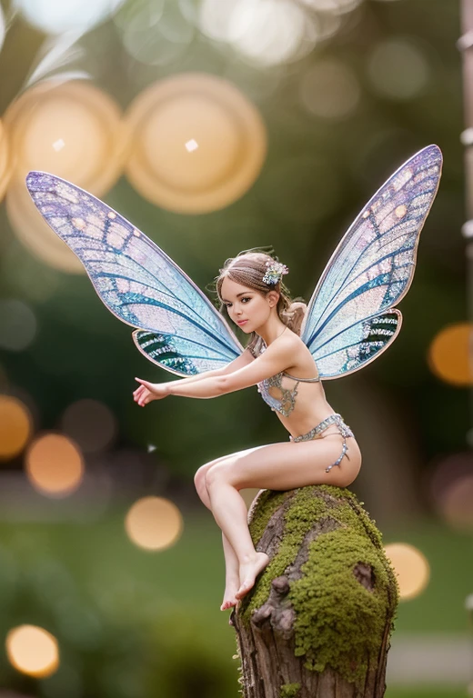 Masterpiece, A beautiful and delicate mini european nude fairy, tiny and enchanting, is depicted perched delicately on the tip of a finger. This breathtaking image, captures the ethereal beauty of these diminutive creatures. Every intricate detail is carefully rendered, showcasing their intricate wings glistening in vibrant colors and their miniature bodies adorned with intricate patterns. The artist's masterful technique ensures that even the tiniest features of the fairies are exquisitely depicted, allowing viewers to appreciate the sheer quality and precision of this enchanting image, playful body manipulations, smile, gaze into the camera, Whimsical lighting, Enchanted ambiance, Soft textures, Imaginative artwork, Ethereal glow, Silent Luminescence, Whispering Silent, Iridescent Encounter, pixie dust glittering, vibrant background, by Skyrn99, full body, (((rule of thirds))), high quality, high detail, high resolution, (bokeh:2), backlight, long exposure:2, 16K, ultra high resolution photorealistic, UHD, RAW, DSLR, outdoor, sharp focus, natural lighting