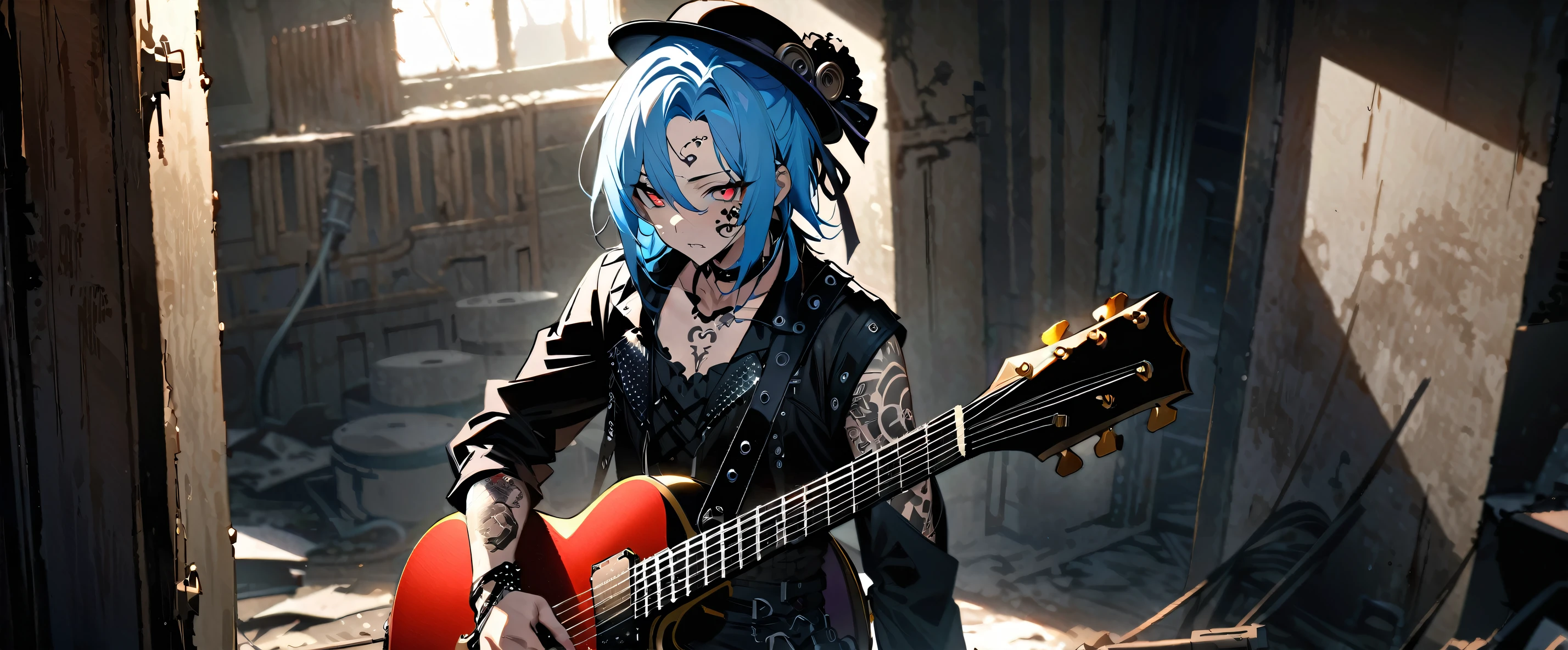 (((masterpiece,Highest quality))),((A male anime character with long blue hair and red eyes wearing a visual kei outfit and holding a guitar)),((Steampunk-style electric guitar)),((Standing with a guitar in an abandoned room)),(((silk hat,Tattoo on the right side of the face,))),Focus on the upper body,(high quality),アニメ