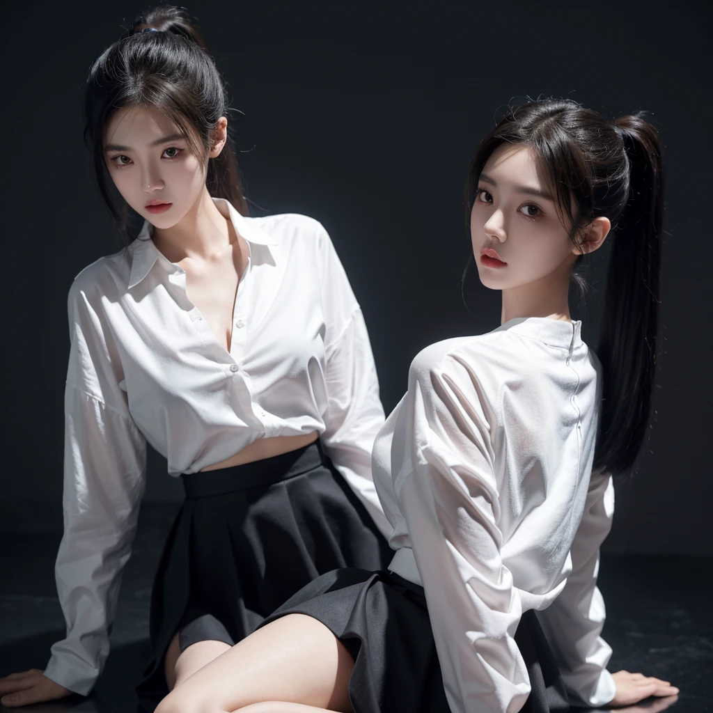 korean model , slim body , 167cm ，Movie Angle，long black ponytails hairstyle, （Cute girl，anatomy correct，loose skirt，（ art，geomerty），（plethora of colorest quality，high detal，tmasterpiece，Cinematic lighting effects，4K，Chiaroscuro）