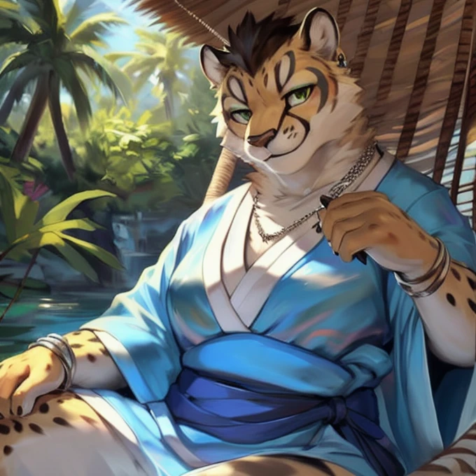 dynamic lighting, beautiful lighting, masterpiece, by zackary911, chunie, detailed eyes, anthro, attractive, solo, looking at camera, warm smile, motherly eyes, inviting, ((5 fingers)), blue kimono, godrays, 8k, the highest quality, the highest detail, digital painting, ((brush strokes)), (sketch lines), painterly style, painterly, digital art, Female cheetah, fat, hammock, tropical setting, kimono, silver earrings, silver bracelets, silver rings, silver necklaces