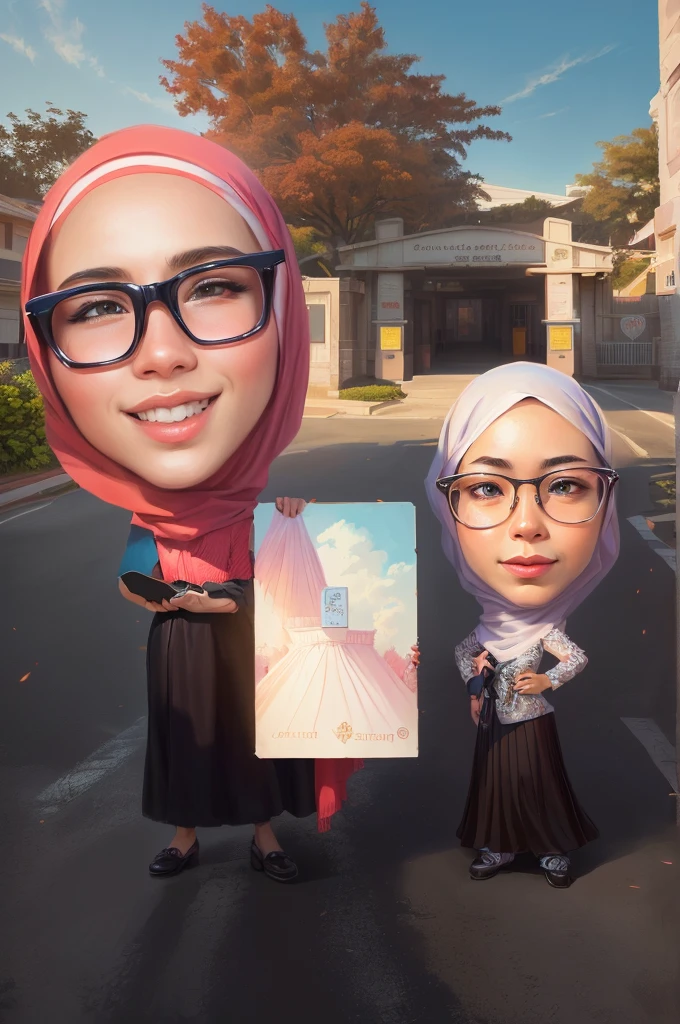 cartoon of a woman and a girl holding a big card, Wearing hijab,A school gate building with a tree in front of it, Beautiful sky, full protrait, potrait, caricature illustration, inspired by JoWOnder, wide portrait, protrait, digital art cartoon, realism artstyle, caricature, caricature style, caricature!!!, cartoon artstyle, by Abidin Dino, chibi, realism art, scandy and arender