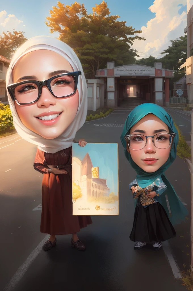 cartoon of a woman and a girl holding a big card, Wearing hijab,A school gate building with a tree in front of it, Beautiful sky, full protrait, potrait, caricature illustration, inspired by JoWOnder, wide portrait, protrait, digital art cartoon, realism artstyle, caricature, caricature style, caricature!!!, cartoon artstyle, by Abidin Dino, chibi, realism art, scandy and arender