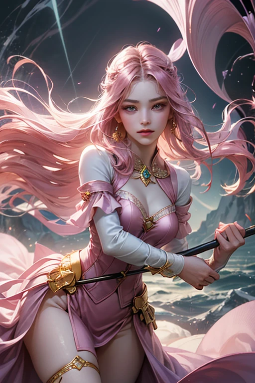 "Create an ultra-realistic image of a stunning 18-year-old girl holding an air magical staff that exudes the energy of the wind and sky. She should be dressed in a sophisticated, ((((((dark pink)))))) shaded outfit that contrasts beautifully with her airy element. Depict her surrounded by elements of air, such as swirling breezes, floating feathers, and gentle currents, to highlight her command over this element. Include a distinct air symbol on her body, signifying her role as the keeper of air and illustrating the powerful, ethereal energy of air she holds within her."