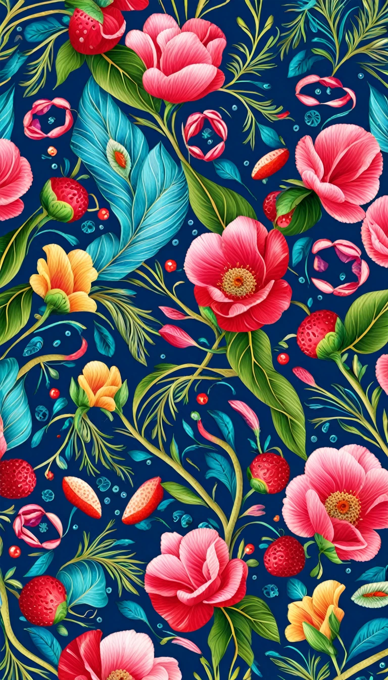 PEACOCK FEATHER Seas of freshness with the Ocean tropical PATTERN in the (DARK BLUE BACKGROUND)— ocean breeze, sun-bleached driftwood, and a touch of salty sea air. colorful pearls, jewels, ((butterfly)), ((WHITE PEARL)), (strawberry), pink rose || (embroidery) seamless pattern, fruit, butterfly, Best quality, masterpiece, ultra high res, (photo realistic:1.4), surrealism, dream-like, ((abstract art)), vector arts, ((SAKURA FLOWER)) a close up of a floral pattern on (BLUE BACKGROUND), floral wallpaper, ornate floral, floral pattern, floral explosion, floral! intricate, floral flowers colorful, chinoiserie pattern, flowery wallpaper, floral renewal, with colorful flowers and plants, floral dream, garden flowers pattern, floral patterned skin, floral design, floral motives, boho floral vines IN (DARK BLUE BACKGROUND)