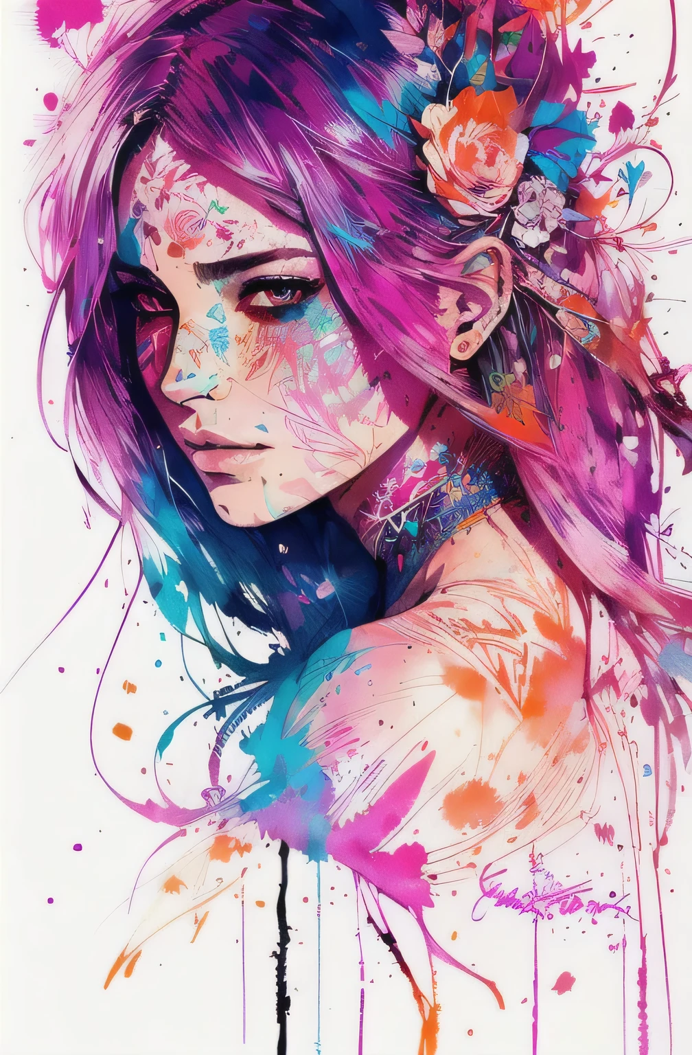 (((Agnes Cecile:1.3, watercolor))), breathtaking beauty, precise lineart, glowing design, ink drops, Final Fantasy XIII Character Lightning (Claire Farron), centered, key visual, intricate, highly detailed, breathtaking beauty, precise lineart:1.1, vibrant, comprehensive cinematic, ((Carne Griffiths, Conrad Roset)), autumn lights, (the most beautiful portrait in the world:1.5)