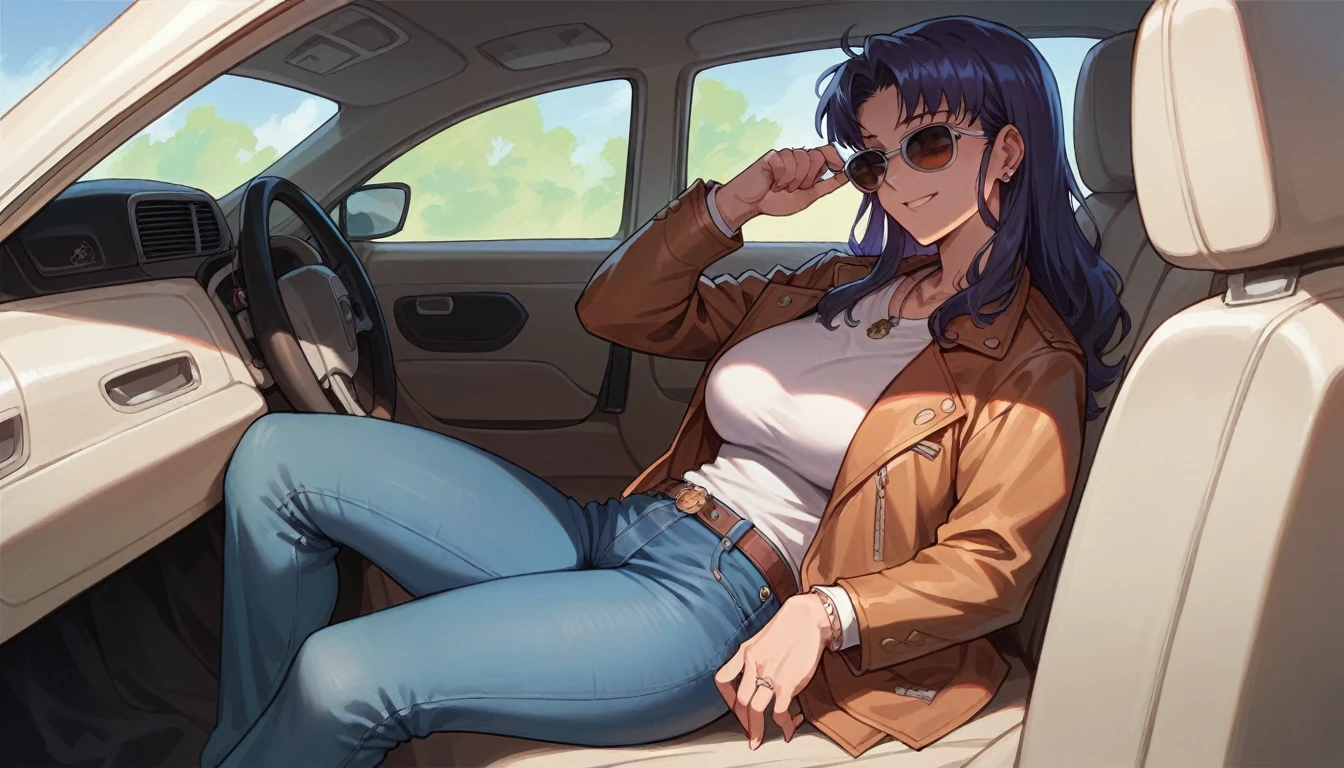 mature woman,misato katsuragi, leather brown jacket, sunglasses, jeans, sit in a blue square car