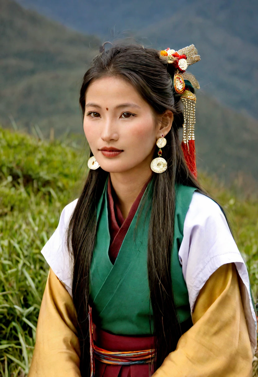 Bhutanese woman in traditional Bhutanese teunue in Paro in the heart of Bhutan 