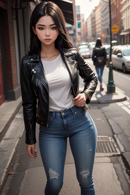 (sfw), ((Artwork photograph))):2.5,(((portrait))):1.5,(((full body))):3, (Dutch angle):2.5 linear art,fine details,colors flat,depth,warm colors, Artwork, highest quality, 4K, 8K, 16K, ultra high resolution, hdr raw photo, sharp focus, hyperrealistic, realistic texture, intricate face, intricate eyes, skin imperfections , high contrast, subterranean scattering, f2, depth of field, film grain, detailed face, detailed skin, detailed eyes, ((best quality)), ((Art)), Full body photo, (detailed) 1 beautiful, teenage woman, Long black hair, brown eyes, large body, white skin, ((Leather jacket and jeans)) 1.58 tall and 18 years old