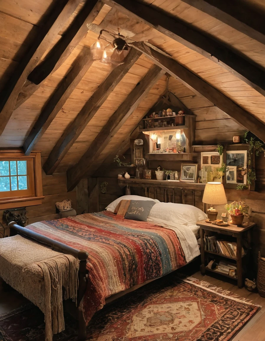 bedroom with a bed and a rug in a small room, cozy room, cozy treehouse bedroom, small bedroom, cozy place, cozy bed, cottagecore hippie, thomas kinkade. cute cozy room, in an attic, cottagecore, cozy and peaceful atmosphere, pleasant cozy atmosphere, cottagecore!!, cabin in the woods