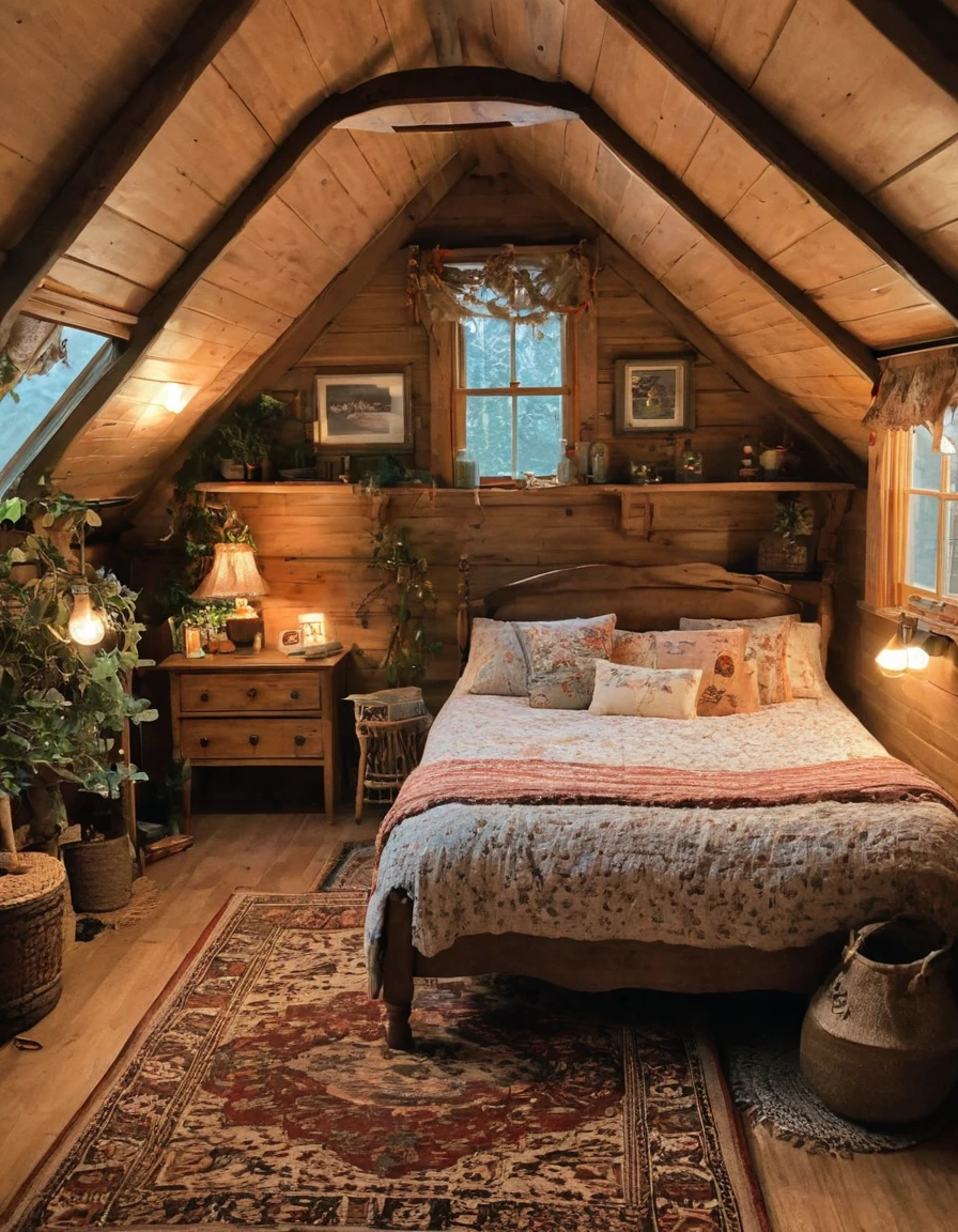 bedroom with a bed and a rug in a small room, cozy room, cozy treehouse bedroom, small bedroom, cozy place, cozy bed, cottagecore hippie, thomas kinkade. cute cozy room, in an attic, cottagecore, cozy and peaceful atmosphere, pleasant cozy atmosphere, cottagecore!!, cabin in the woods