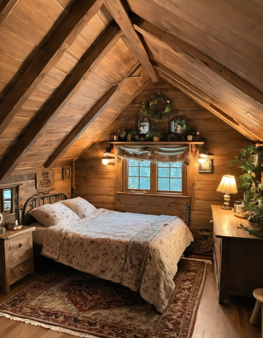 bedroom with a bed and a rug in a small room, cozy room, cozy treehouse bedroom, small bedroom, cozy place, cozy bed, cottagecore hippie, thomas kinkade. cute cozy room, in an attic, cottagecore, cozy and peaceful atmosphere, pleasant cozy atmosphere, cottagecore!!, cabin in the woods